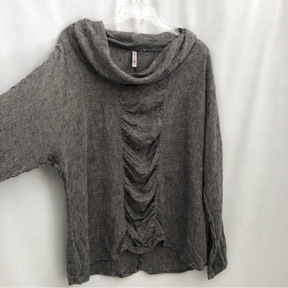 Khangura Cowl Neck Ruched Pullover Top Black Print